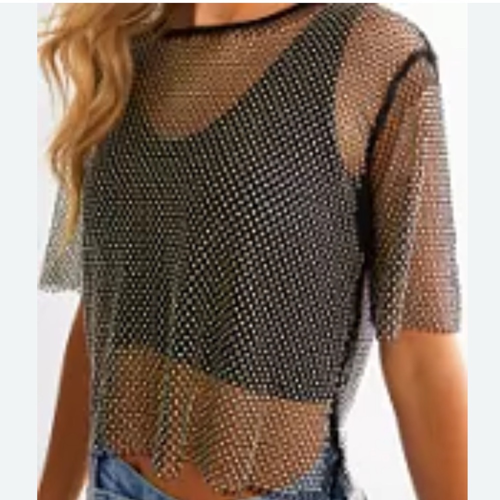 Endless Blu Mesh Top Sheer Rhinestone Cropped Top Sz M - Picture 2 of 9